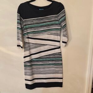 J. McLaughlin Black and White Striped Dress with Green Accents
